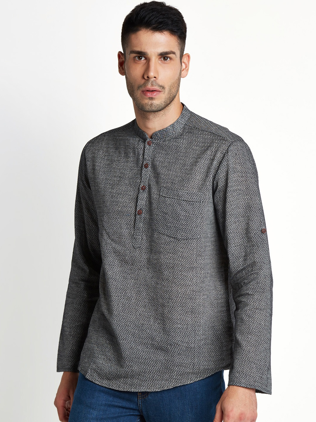 

indus route by Pantaloons Men Grey Printed Straight Kurta