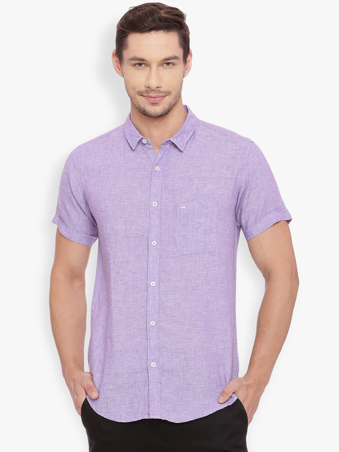 

Basics Men Purple Slim Fit Self Design Casual Linen Shirt