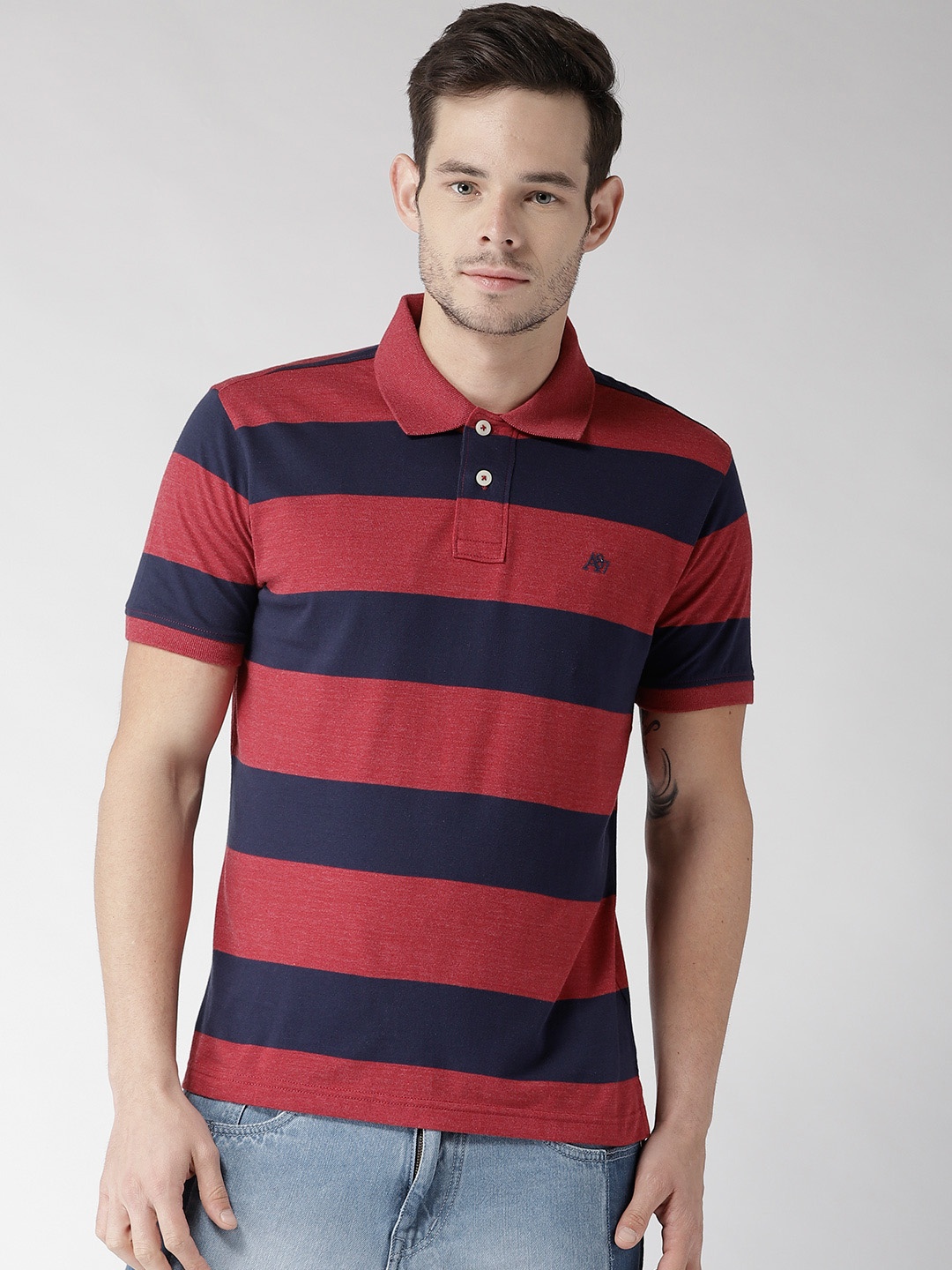 

Aeropostale Men Red & Navy Blue Striped Polo Collar T-shirt