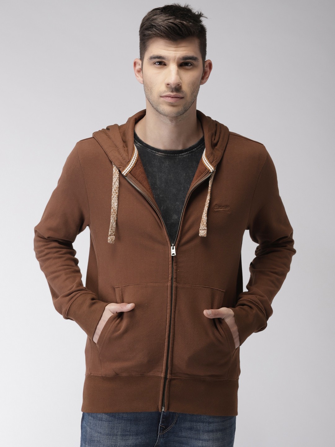 

Aeropostale Men Brown Solid Hooded Sweatshirt