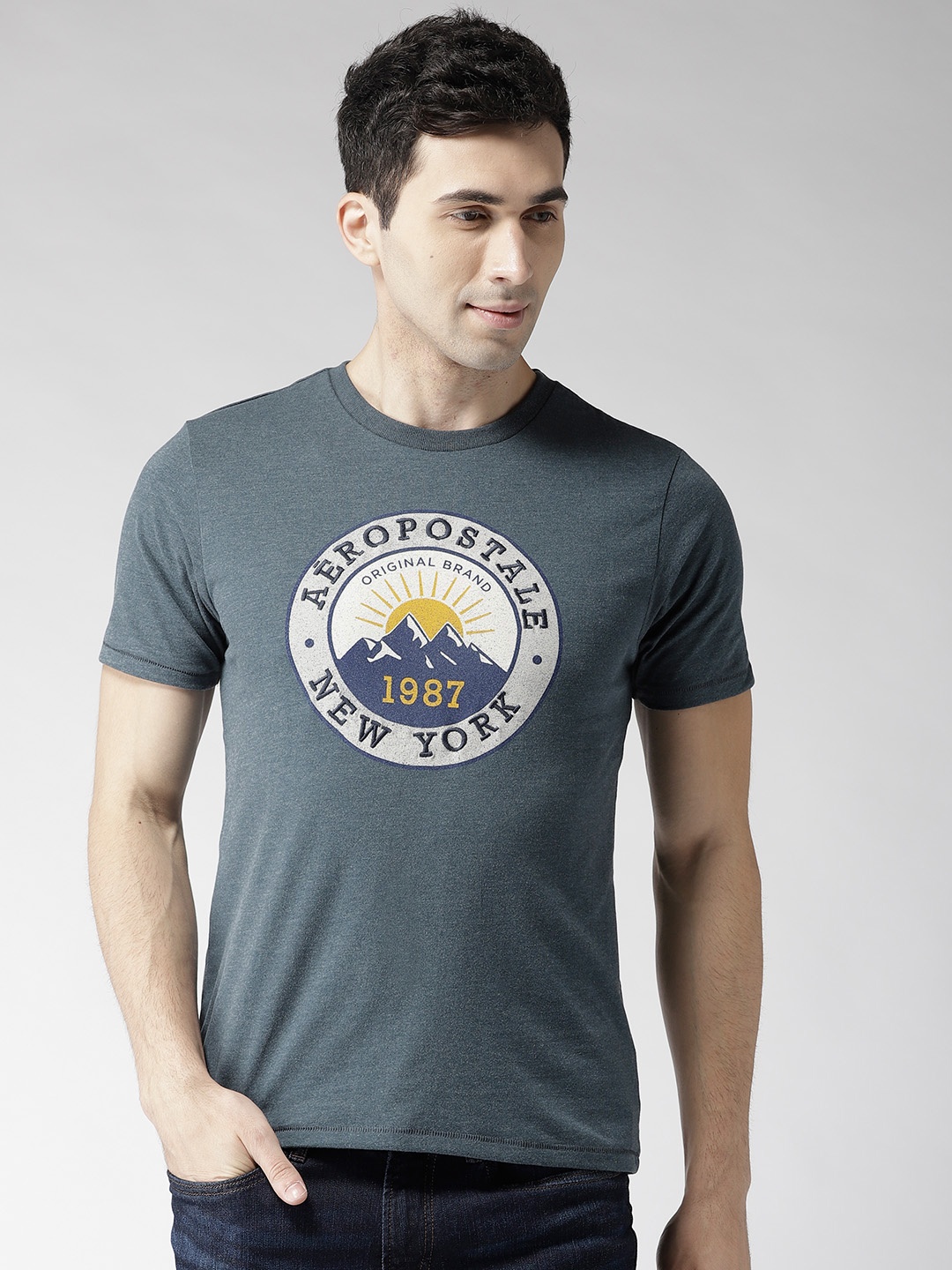 

Aeropostale Men Teal Blue Printed Round Neck T-shirt