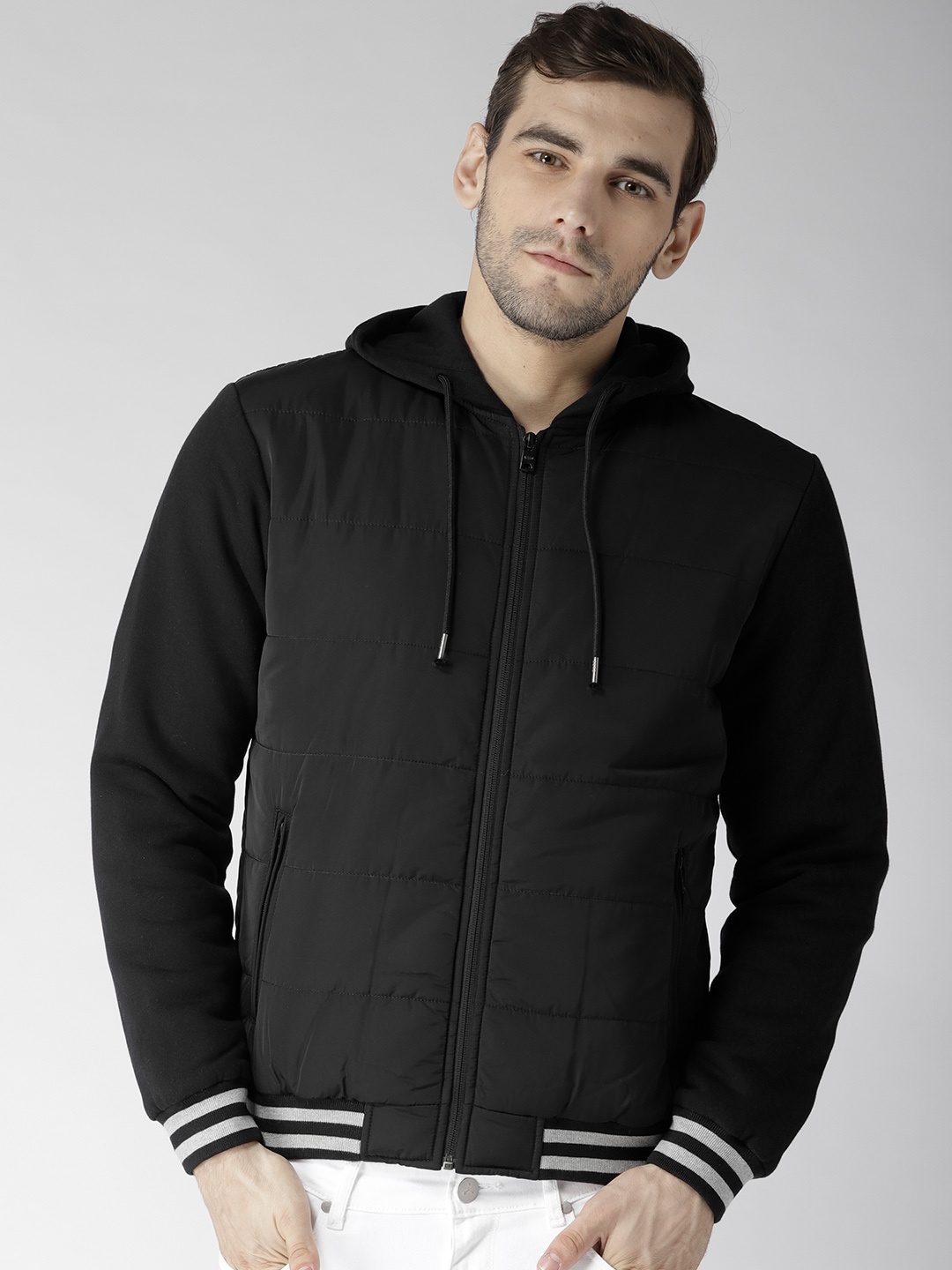 

Aeropostale Men Black Solid Hooded Bomber Jacket