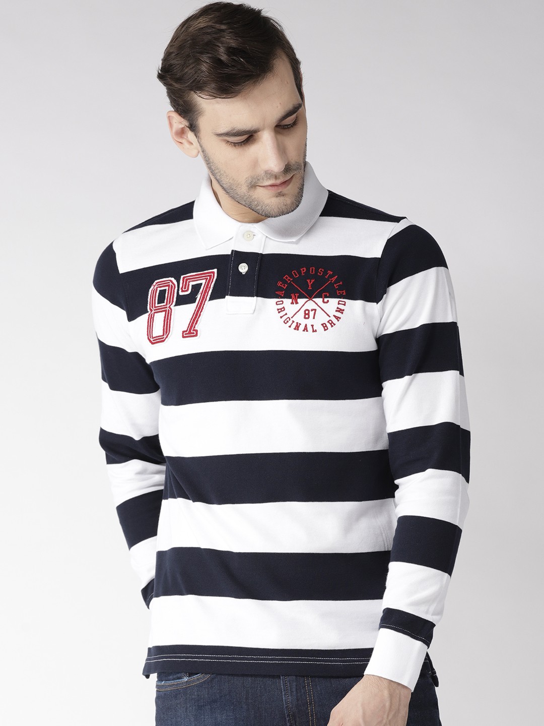 

Aeropostale Men Navy Blue White Striped Polo Collar Pure Cotton T-shirt