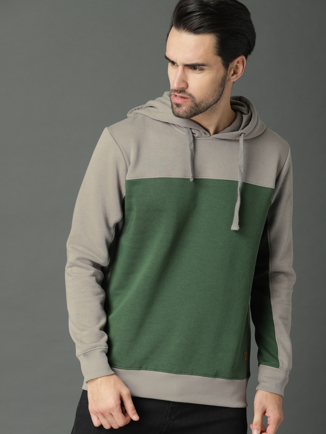 

Roadster Men Olive Green & Grey Colourblocked Hooded Sweatshirt