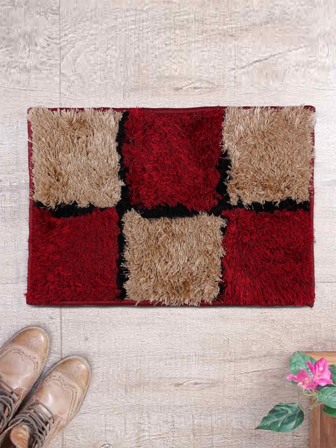 

ROMEE Red & Brown Geometric Rectangle Doormat