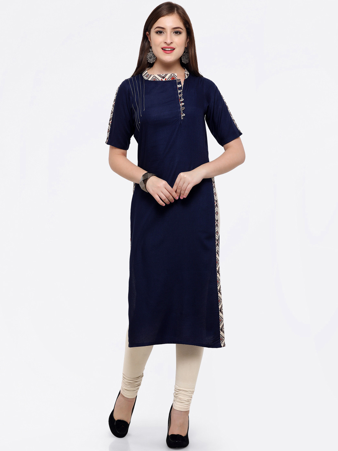 

Kvsfab Women Navy Blue Printed Straight Kurta