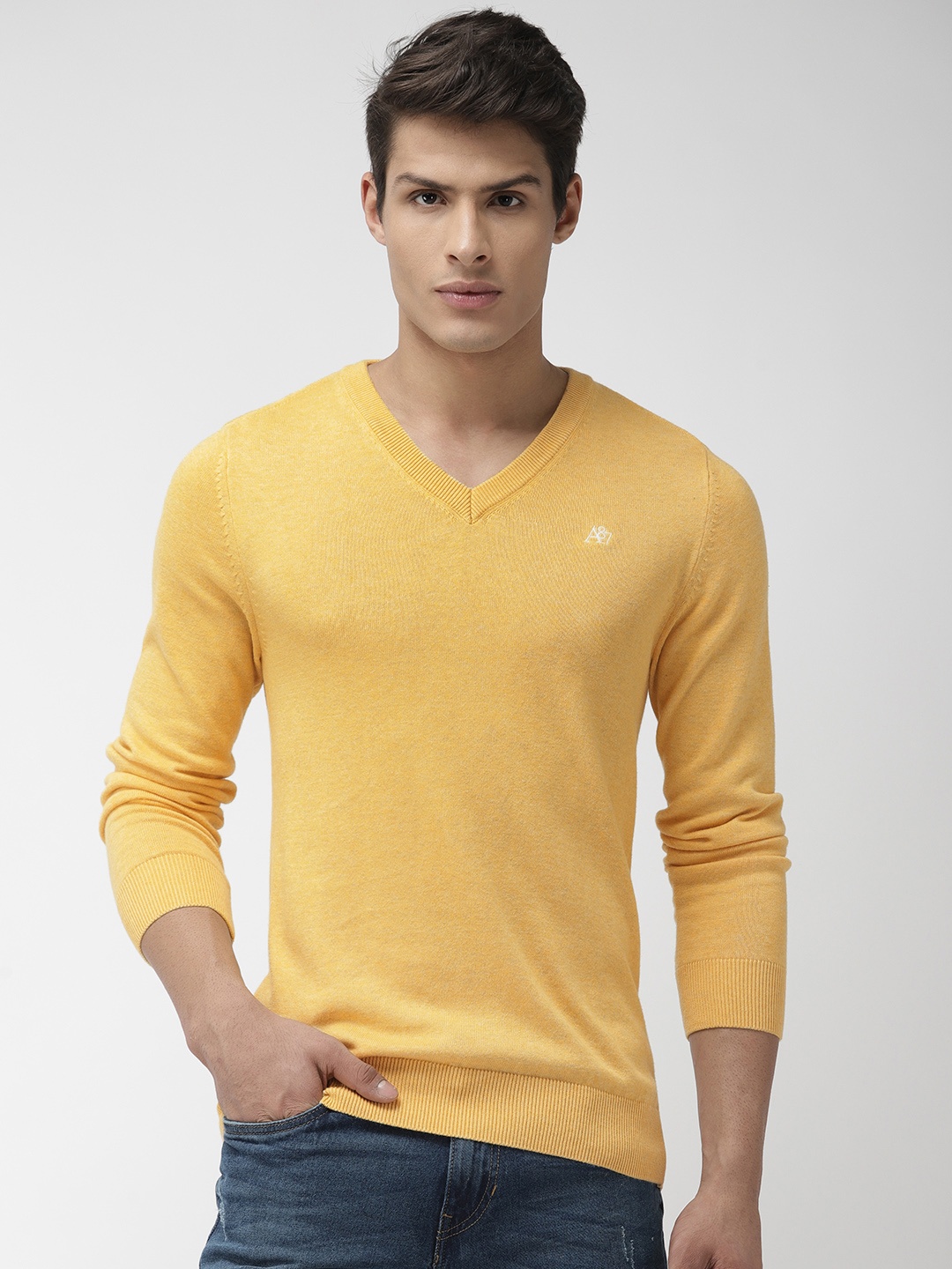 

Aeropostale Men Yellow Solid Pullover Sweater