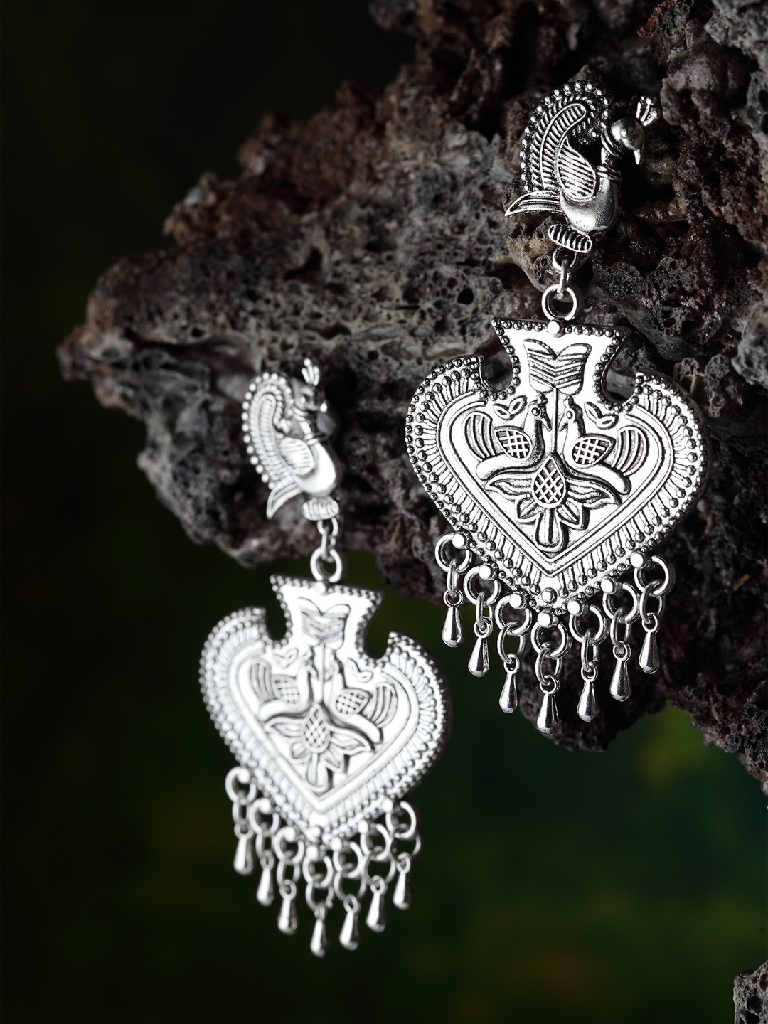 

Moedbuille Silver-Plated Handcrafted Oxidised Peacock Shaped Drop Earrings