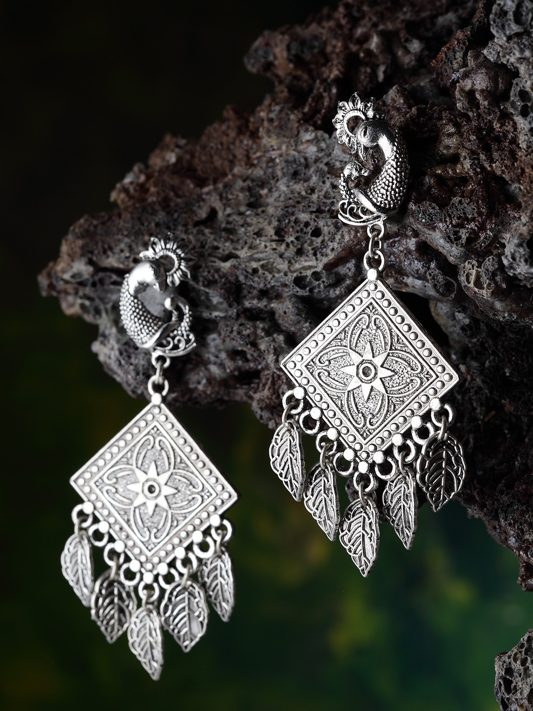 

Moedbuille Silver-Plated Oxidised Peacock Shaped Drop Earrings