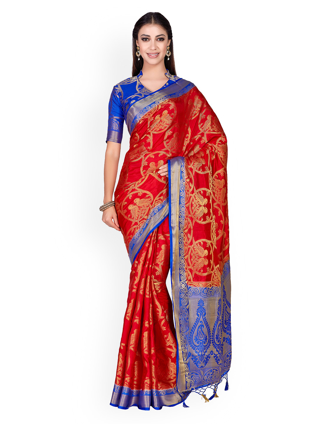 

MIMOSA Red & Blue Woven Design Kanjeevaram Saree