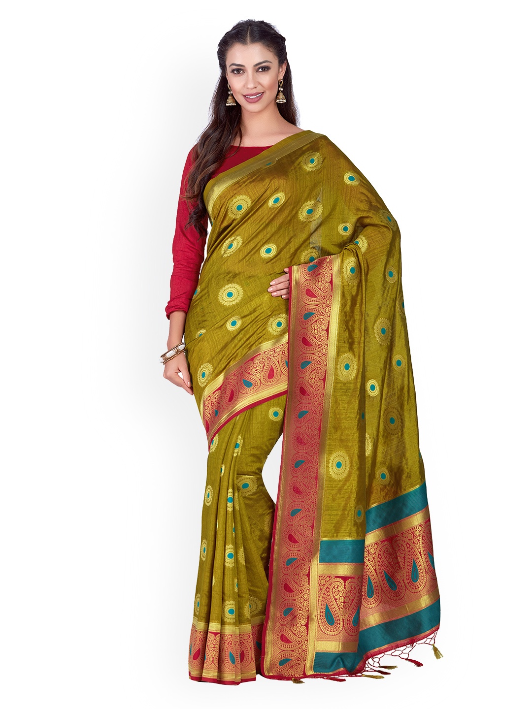 

MIMOSA Olive Green Woven Design Kanjeevaram Saree