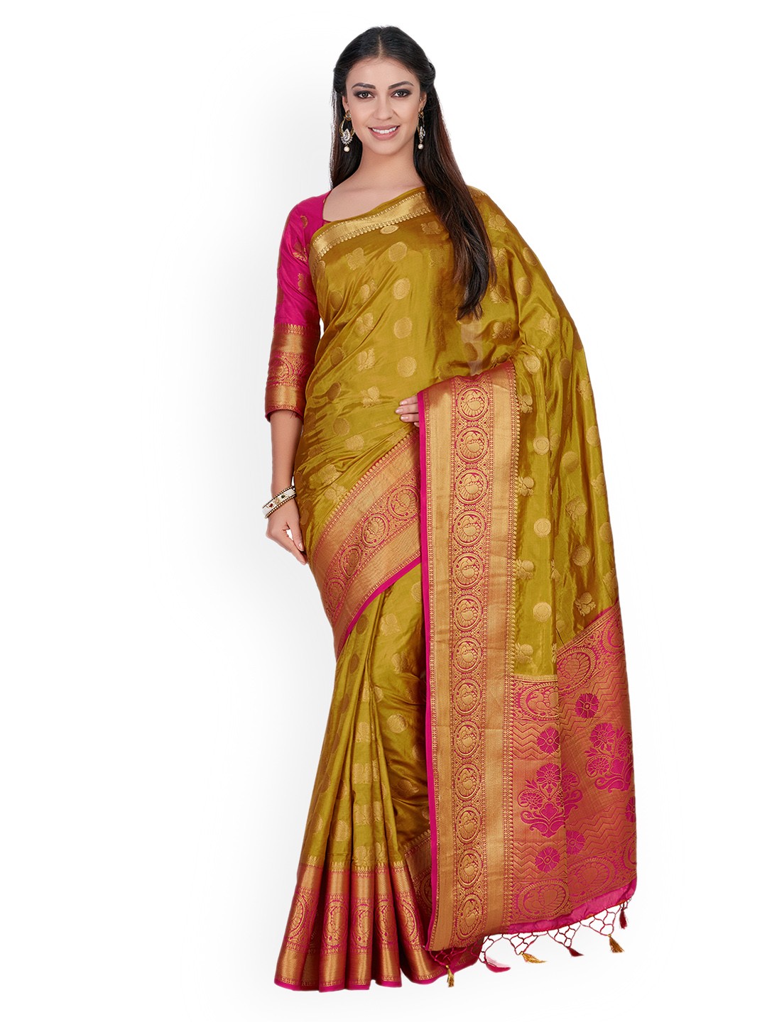 

MIMOSA Olive Green & Pink Woven Design Kanjeevaram Saree