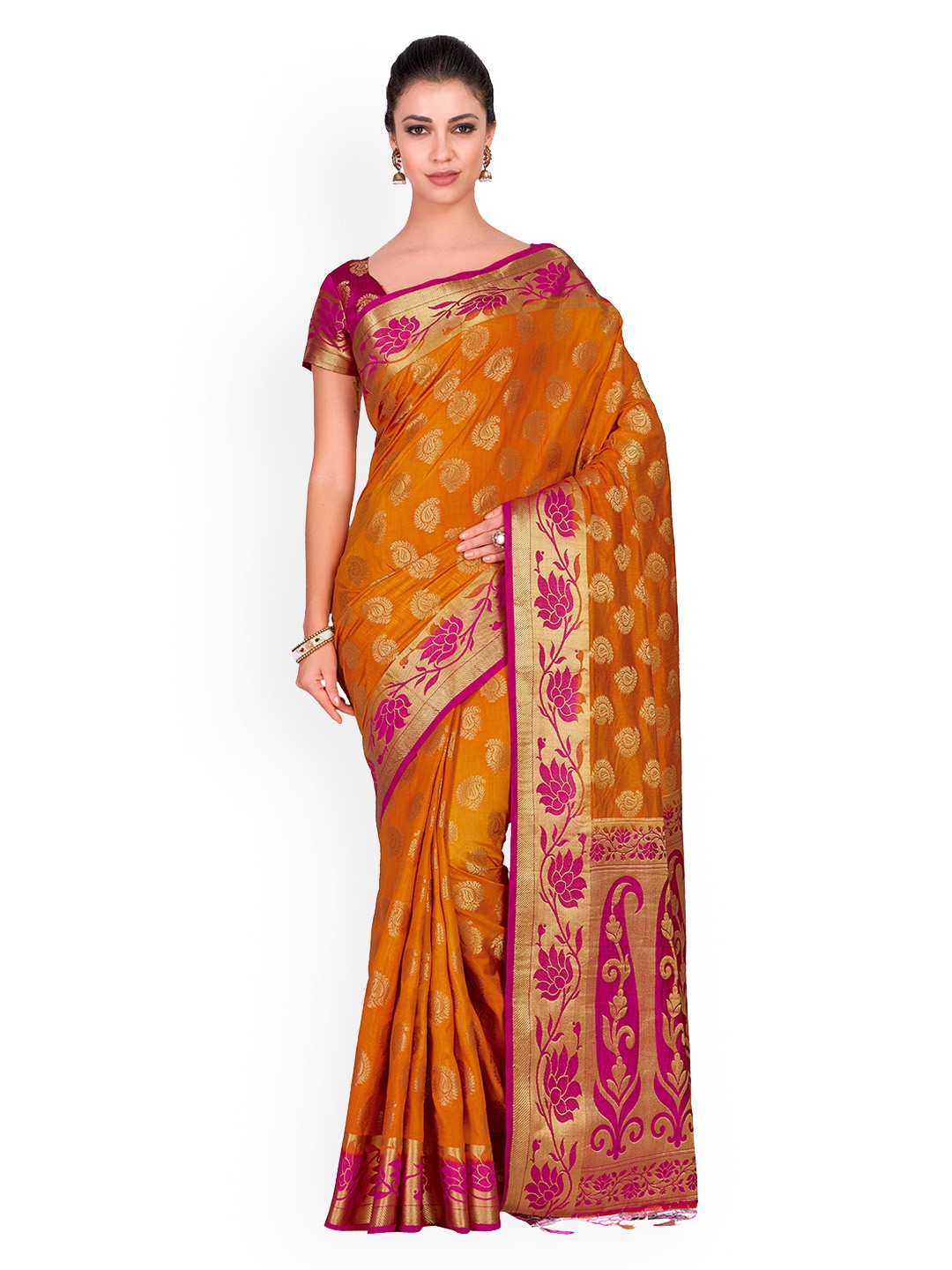 

MIMOSA Rust Orange & Pink Woven Design Kanjeevaram Saree