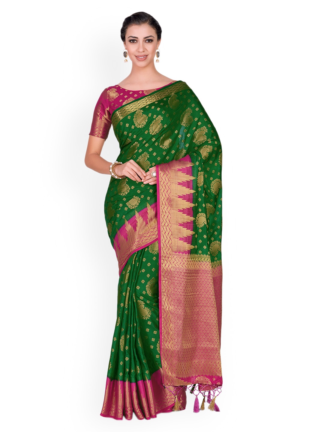 

MIMOSA Green & Pink Woven Design Kanjeevaram Saree