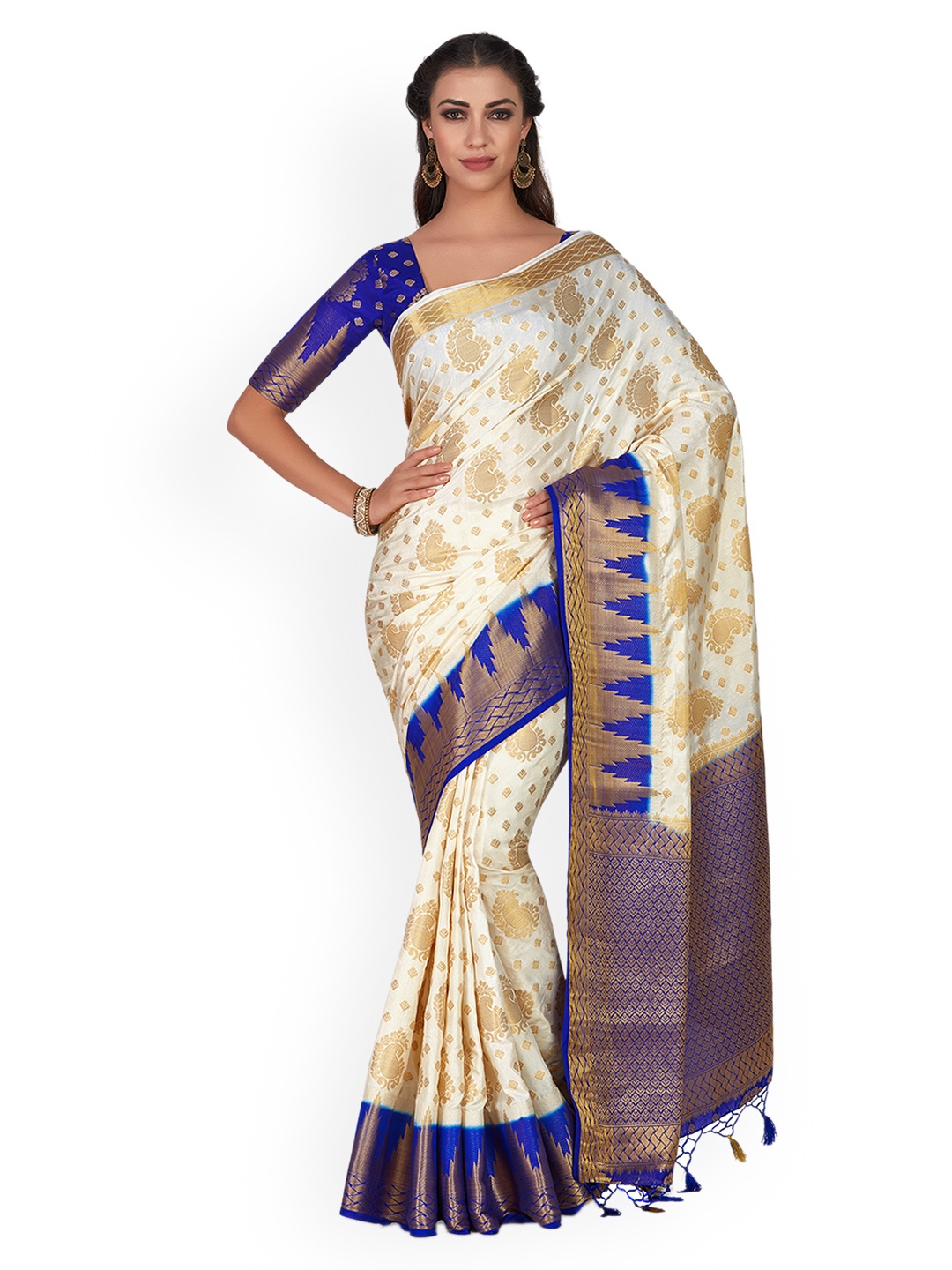 

MIMOSA Off-White & Blue Woven Design Kanjeevaram Saree