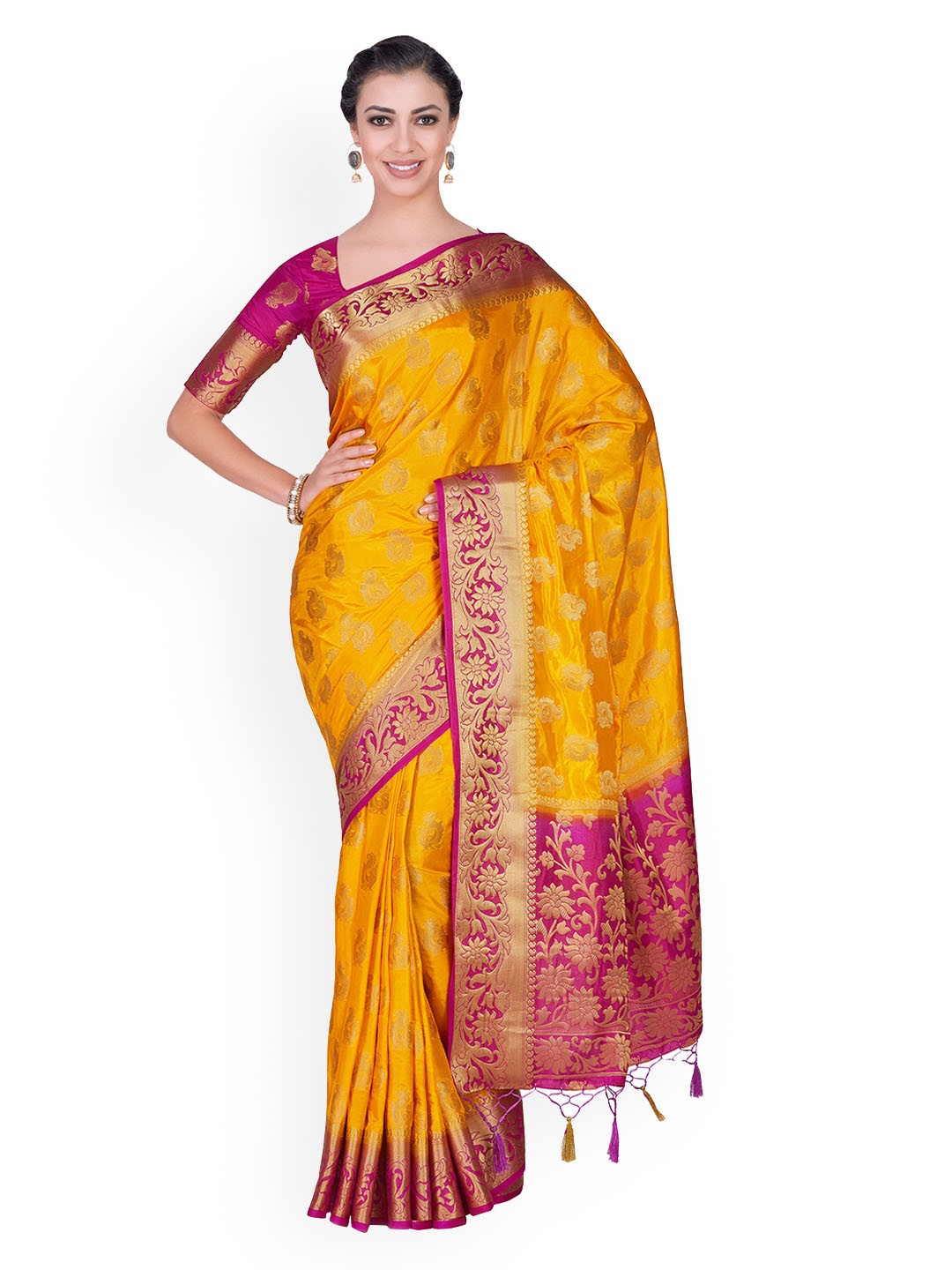 

MIMOSA Mustard Yellow & Pink Woven Design Kanjeevaram Saree