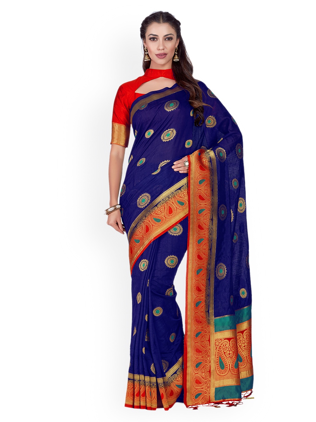 

MIMOSA Navy Woven Design Kanjeevaram Saree, Navy blue