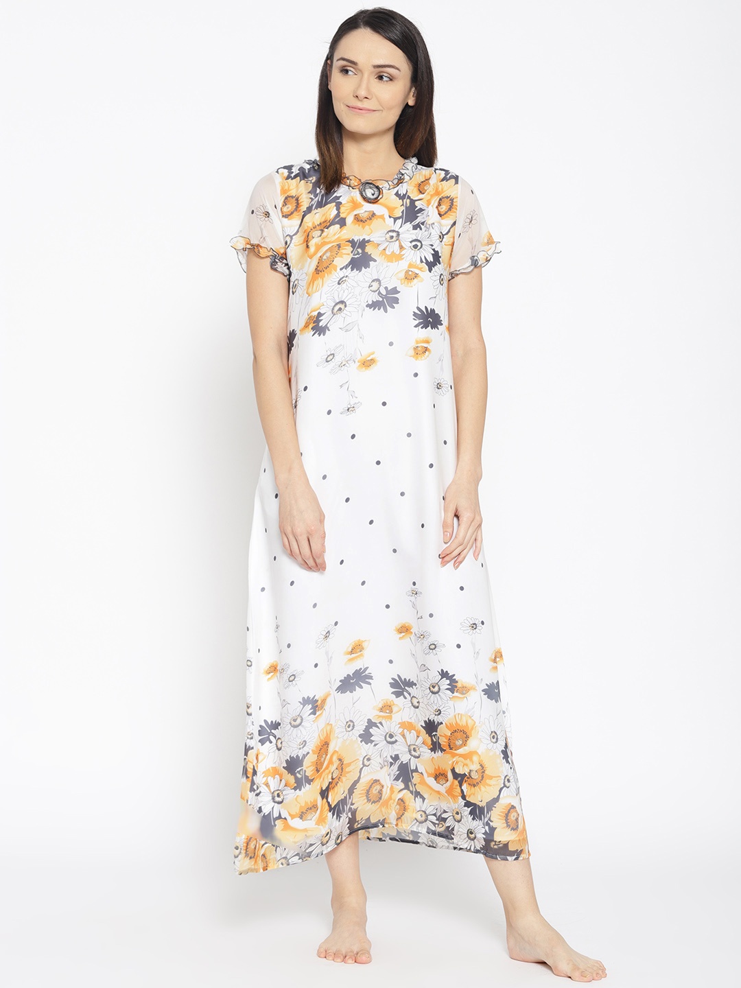 

Sweet Dreams White & Yellow Printed Maxi Nightdress