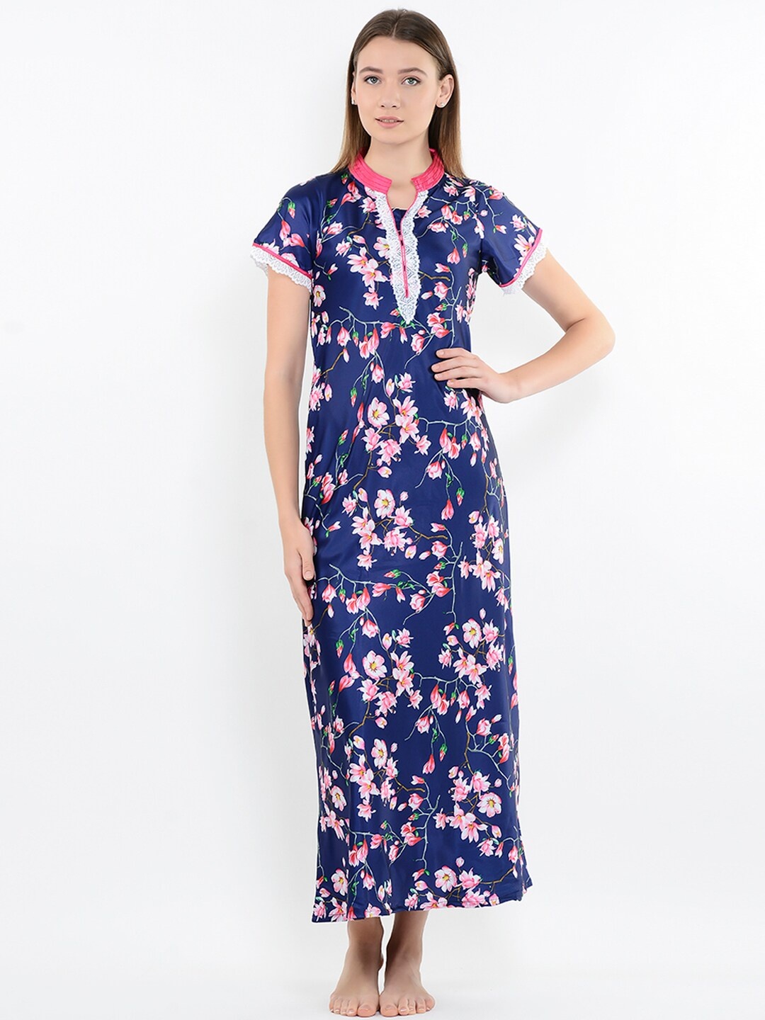 

Sweet Dreams Navy Blue & Pink Floral Print Maxi Nightdress