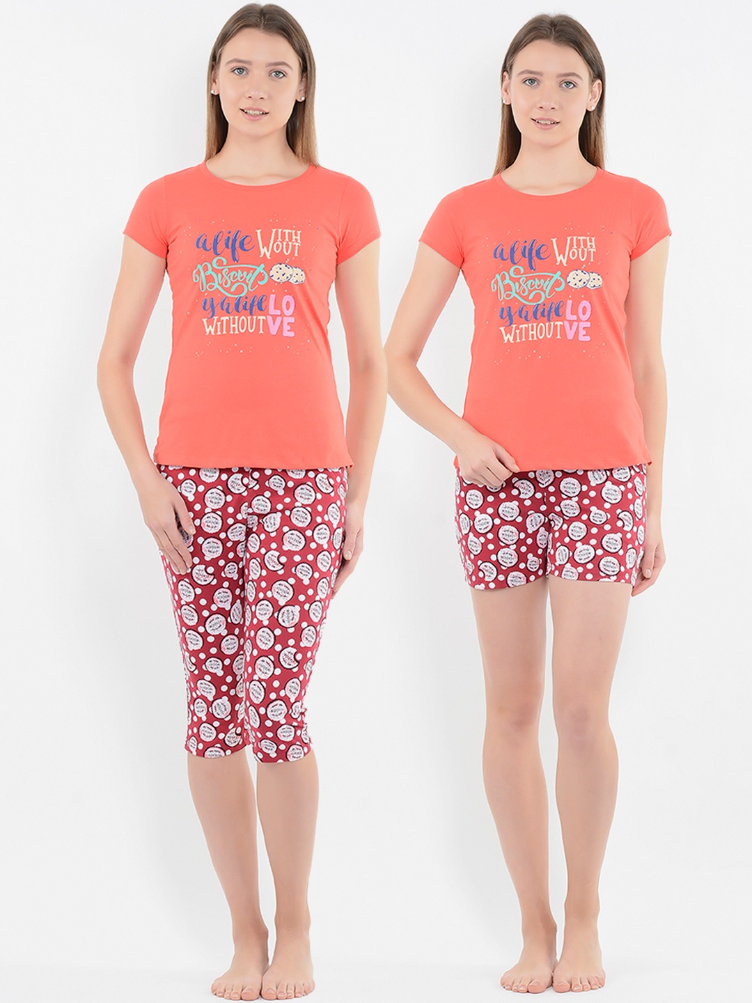 

Sweet Dreams Women 3 Pieces Orange & Burgundy Printed Night Suit 232478