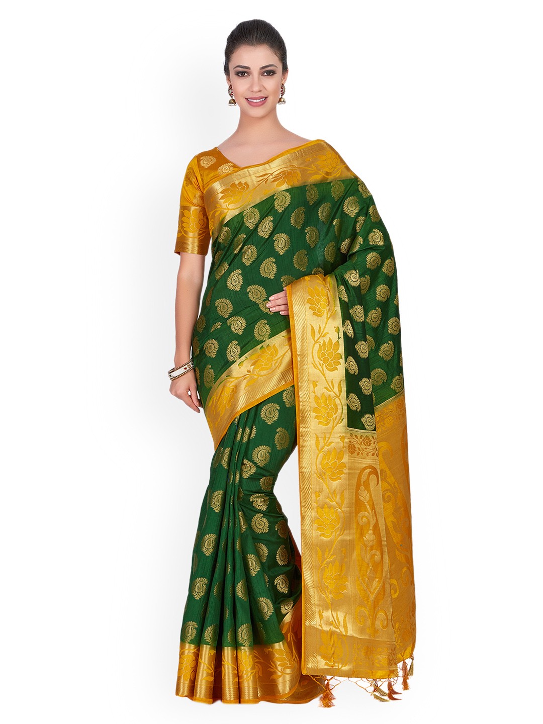 

MIMOSA Green & Yellow Woven Design Kanjeevaram Saree