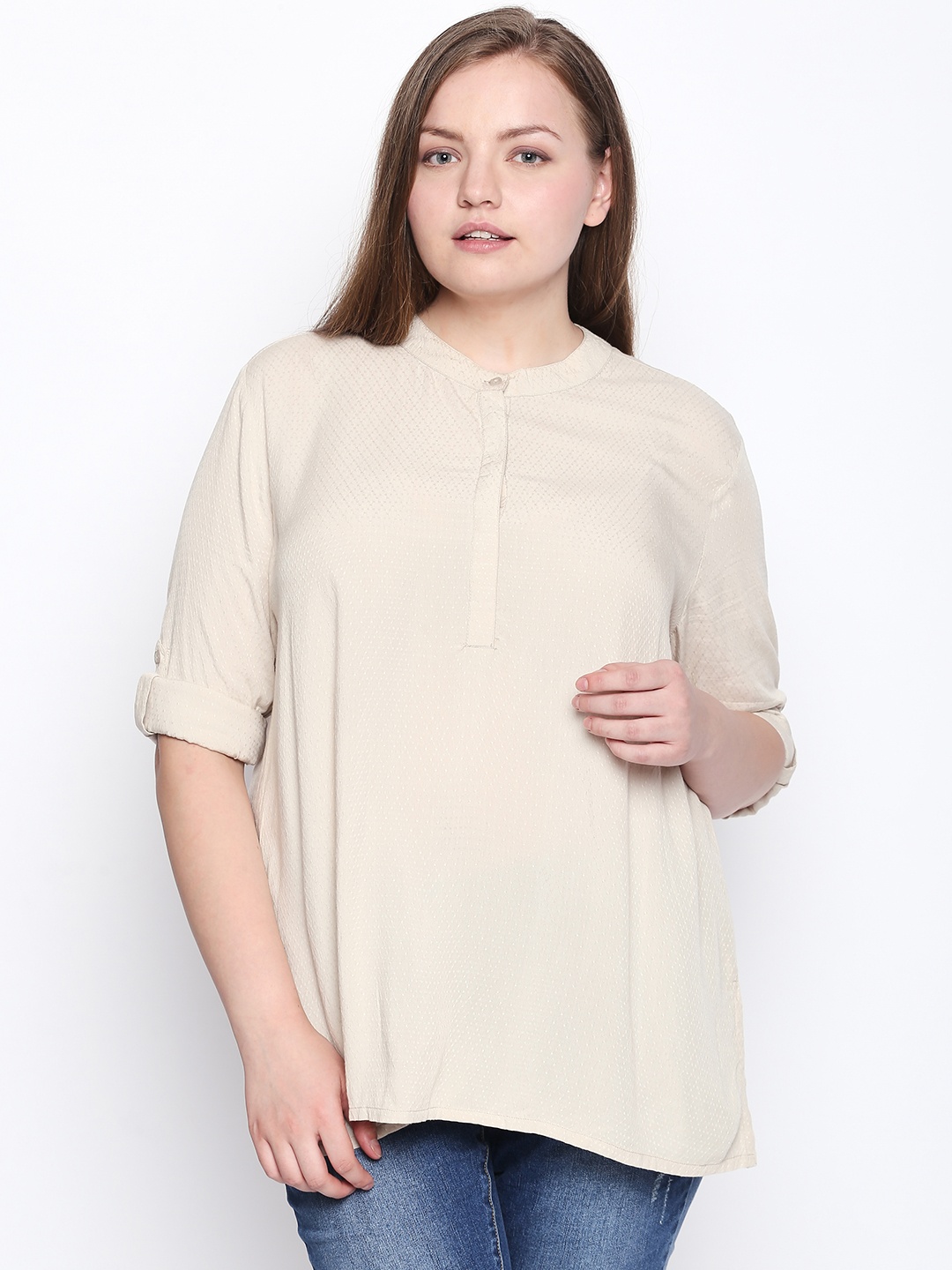 

JUNAROSE Plus Size Women Cream-Coloured Self Design Top