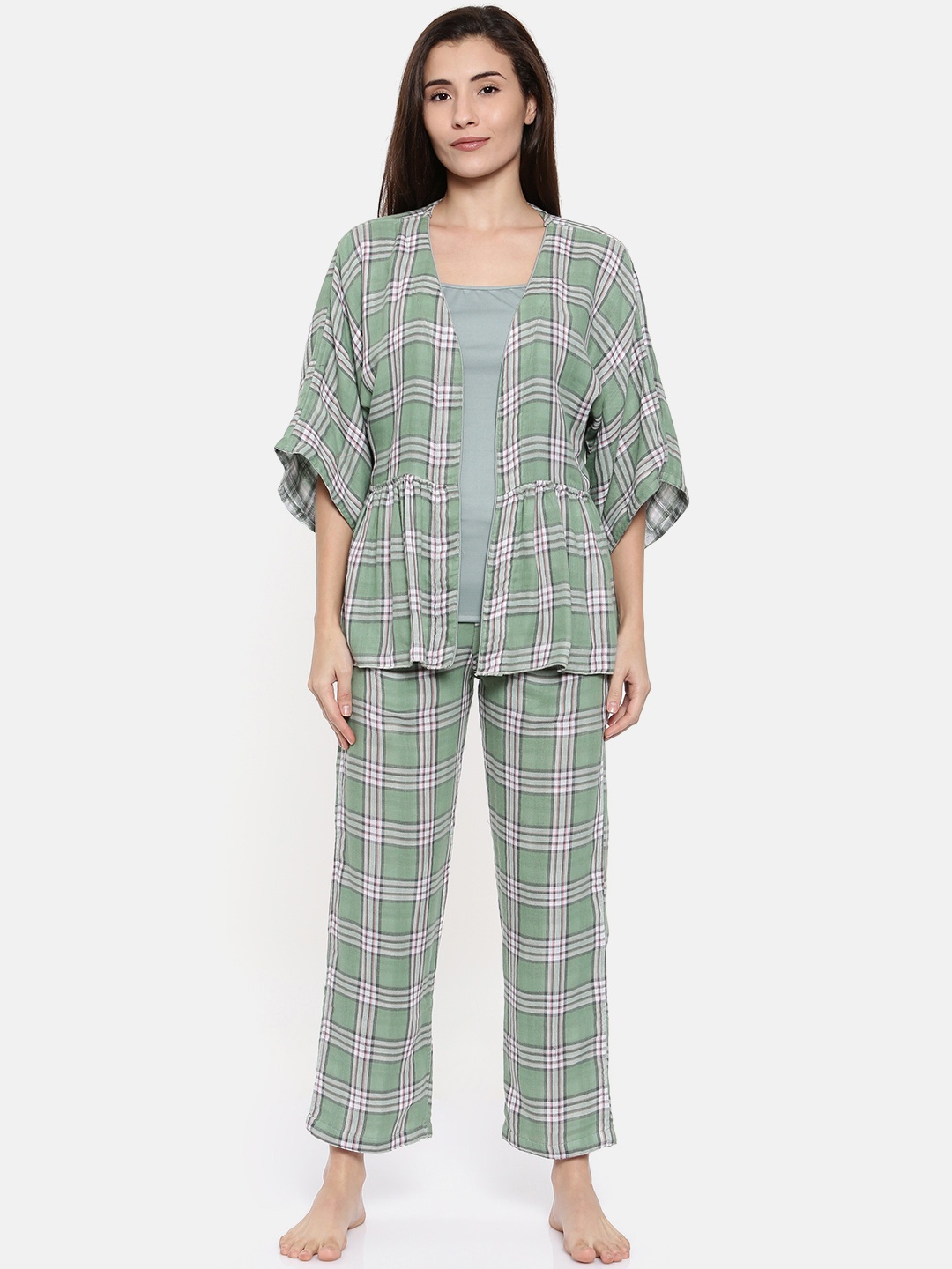 

The Kaftan Company Green & Off-White Checked Reversible Lounge Set