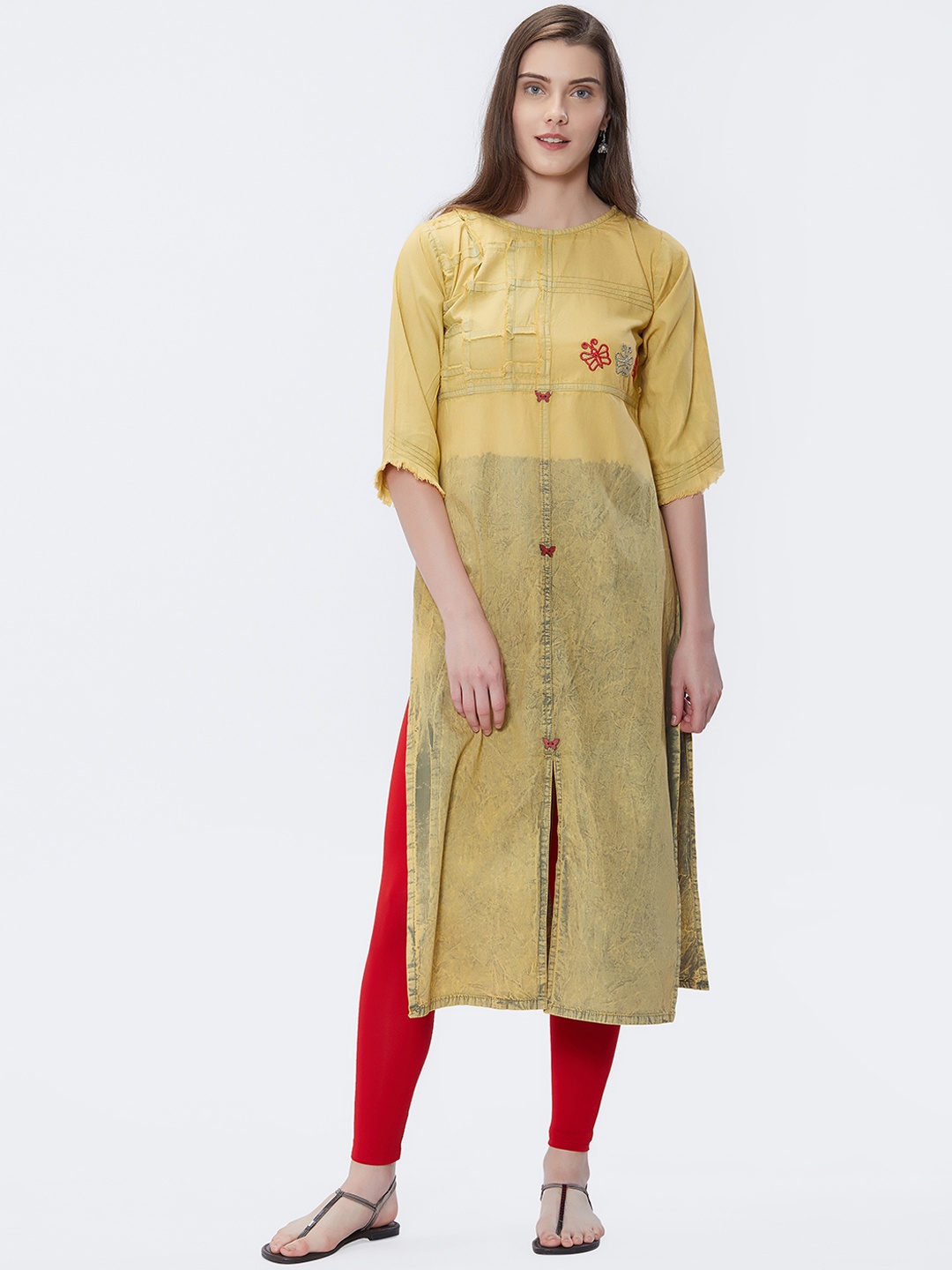 

Kvsfab Women Yellow Embroidered Straight Kurta