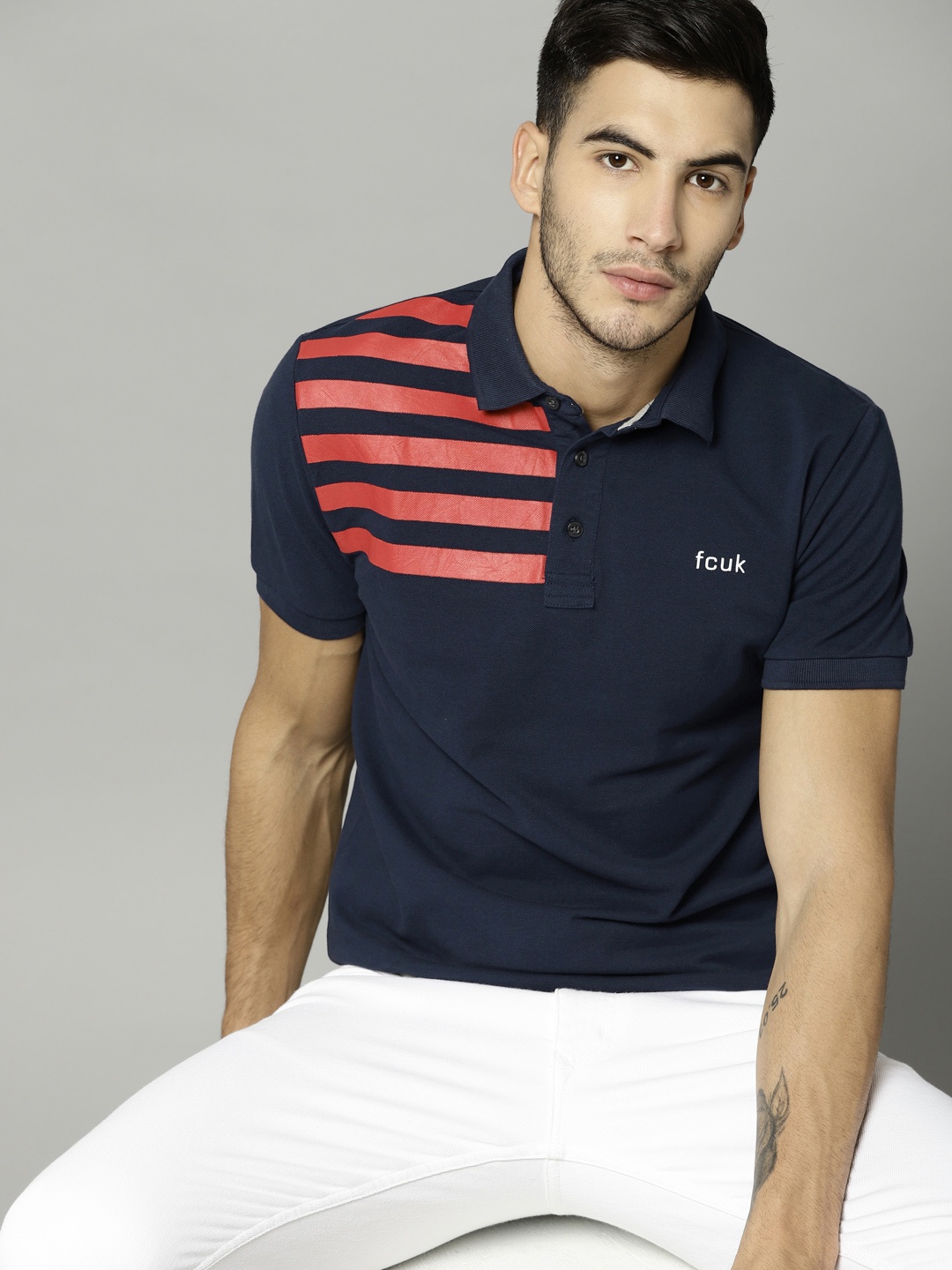 

French Connection Men Navy Blue Solid Polo Collar T-shirt