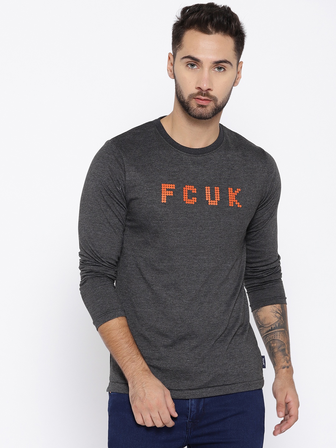 

French Connection Men Charcoal Grey Printed Round Neck T-shirt