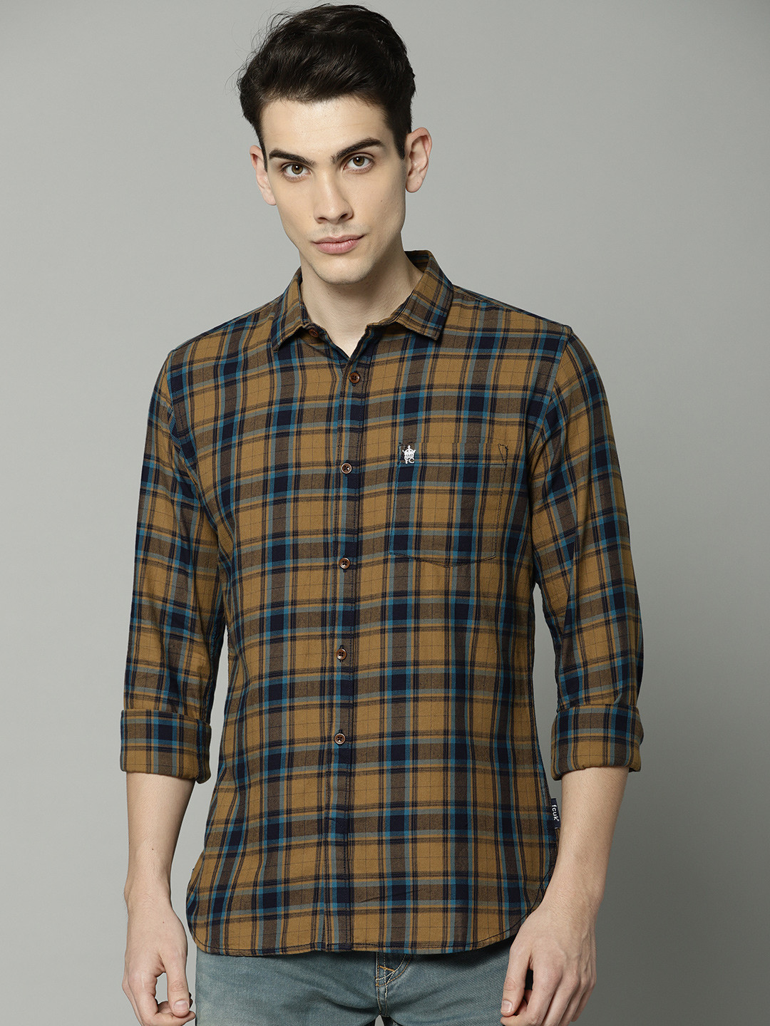 

French Connection Men Mustard Yellow & Blue Regular Fit Checked Casual Shirt