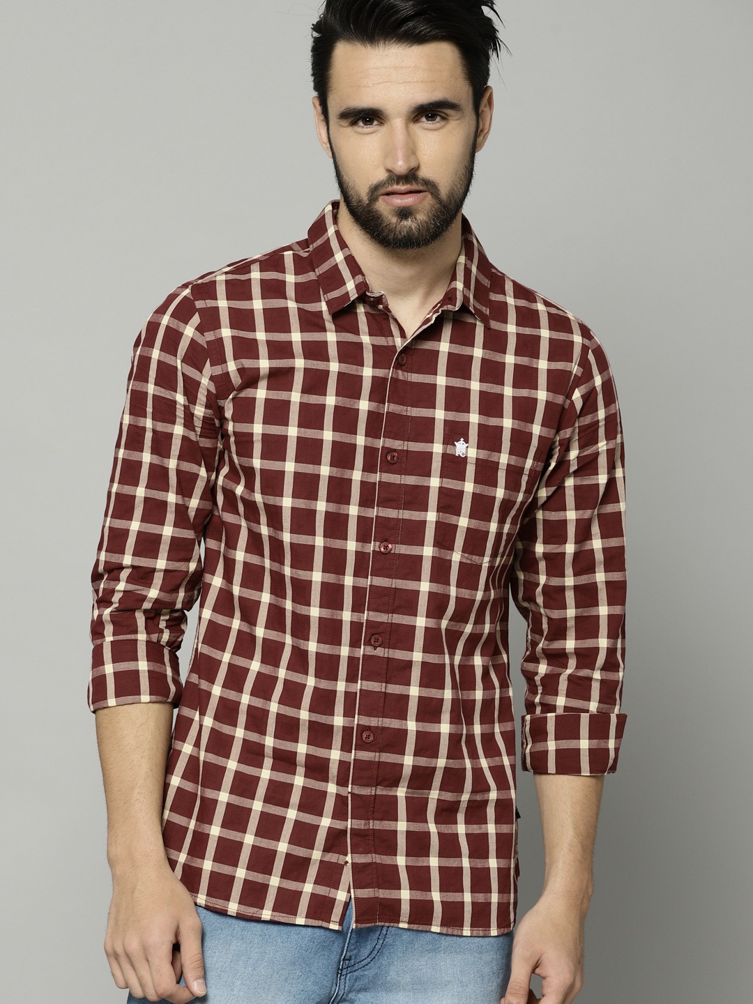 

French Connection Men Maroon & Cream-Coloured Regular Fit Checked Casual Shirt