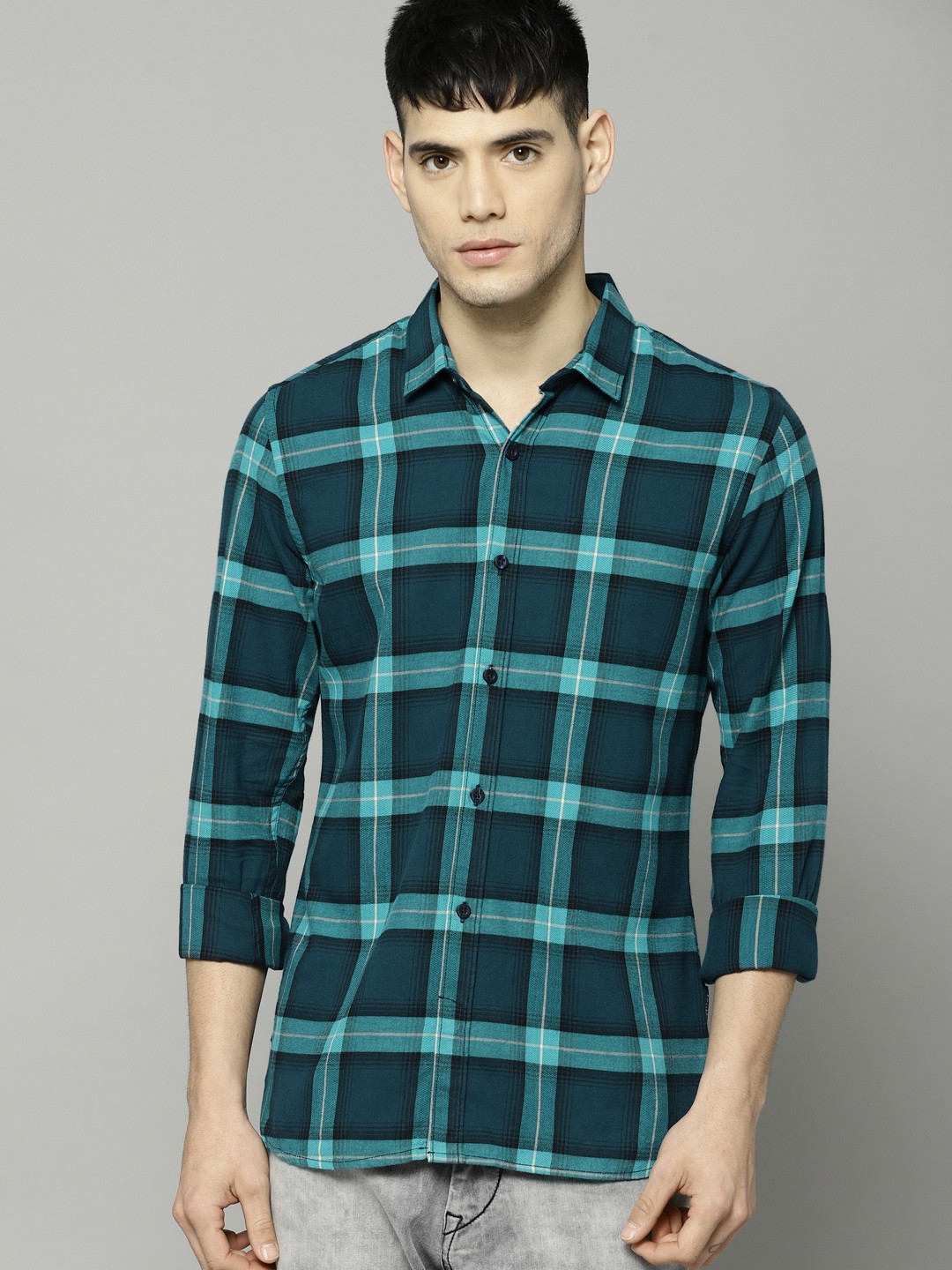

French Connection Men Blue Regular Fit Checked Casual Shirt