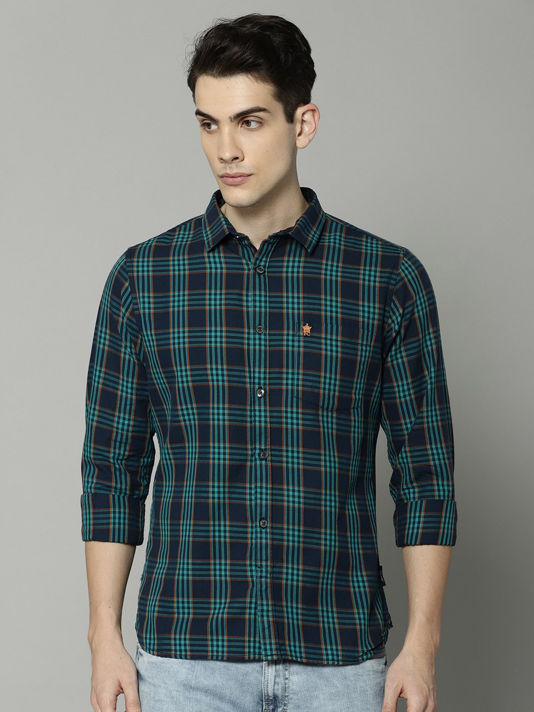 

French Connection Men Teal Regular Fit Checked Casual Shirt