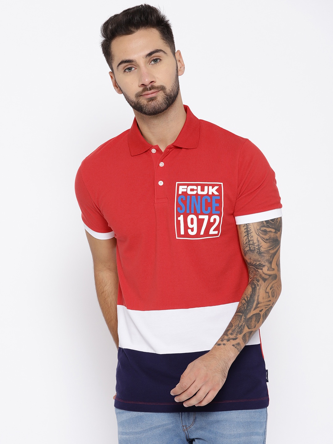 

French Connection Men Red White Colourblocked Polo Collar Pure Cotton T-shirt