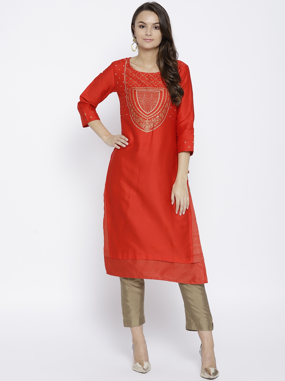 

Span Women Red & Golden Yoke Design Straight Kurta