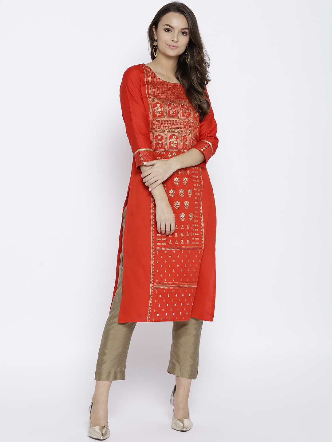 

Span Women Red & Golden Printed Straight Kurta