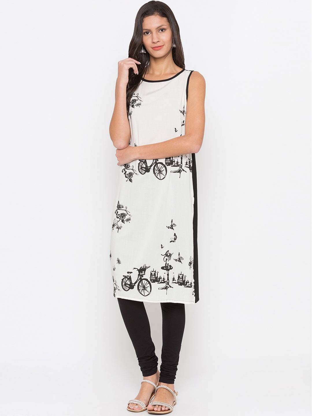 

Globus Women White & Black Printed Straight Kurta