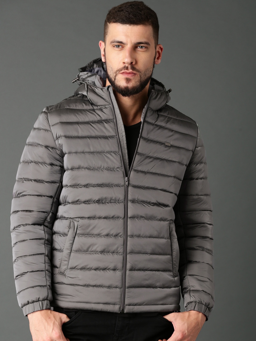 

Roadster Men Grey Solid Hooded Padded Jacket