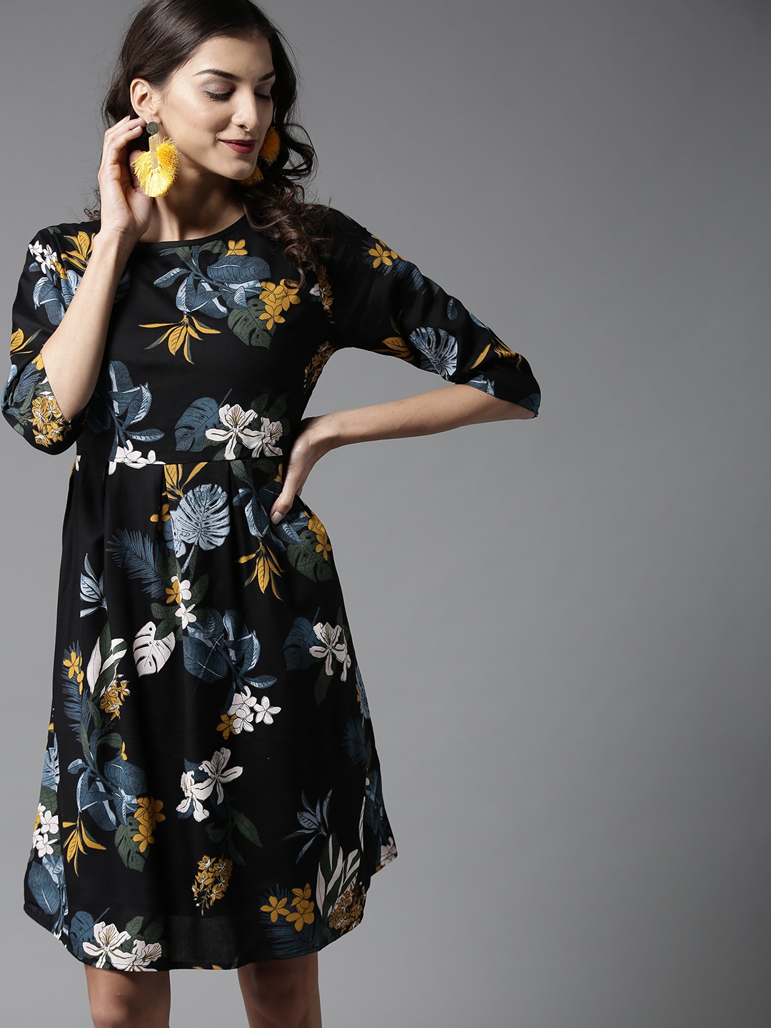 

HERE&NOW Women Black & Teal Blue Printed A-Line Dress