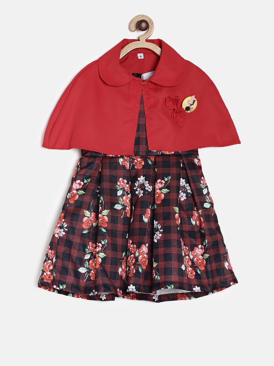 

Little Kangaroos Girls Red Printed Fit and Flare Dress with Cape