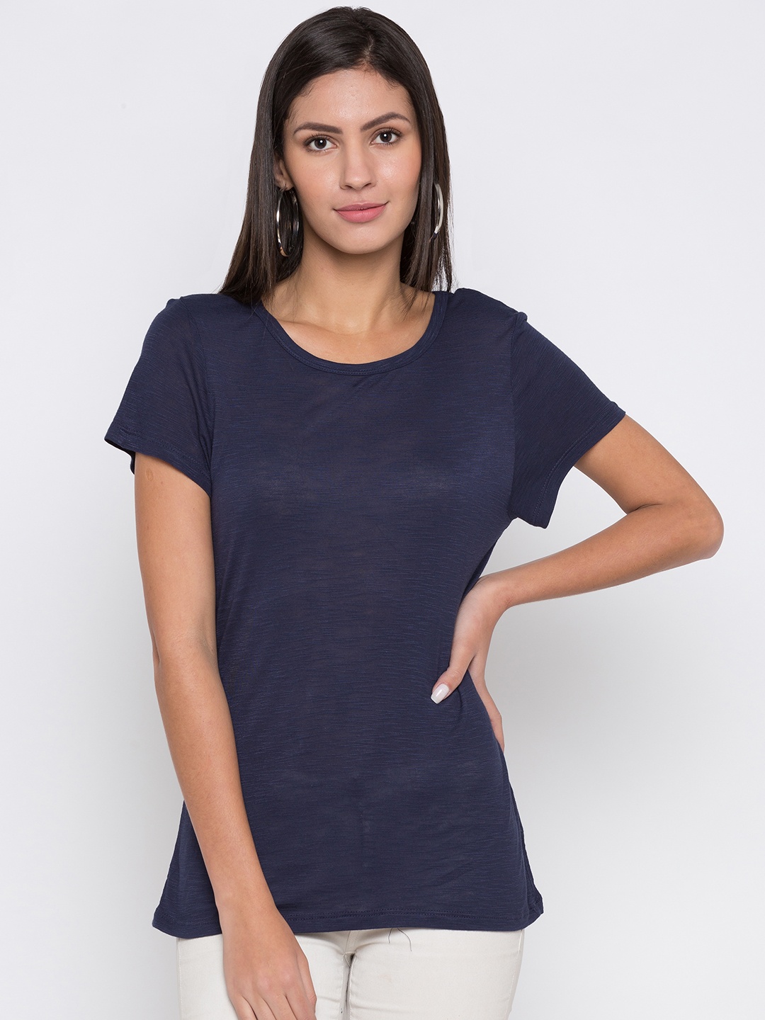 

Globus Women Navy Blue Solid Round Neck T-shirt