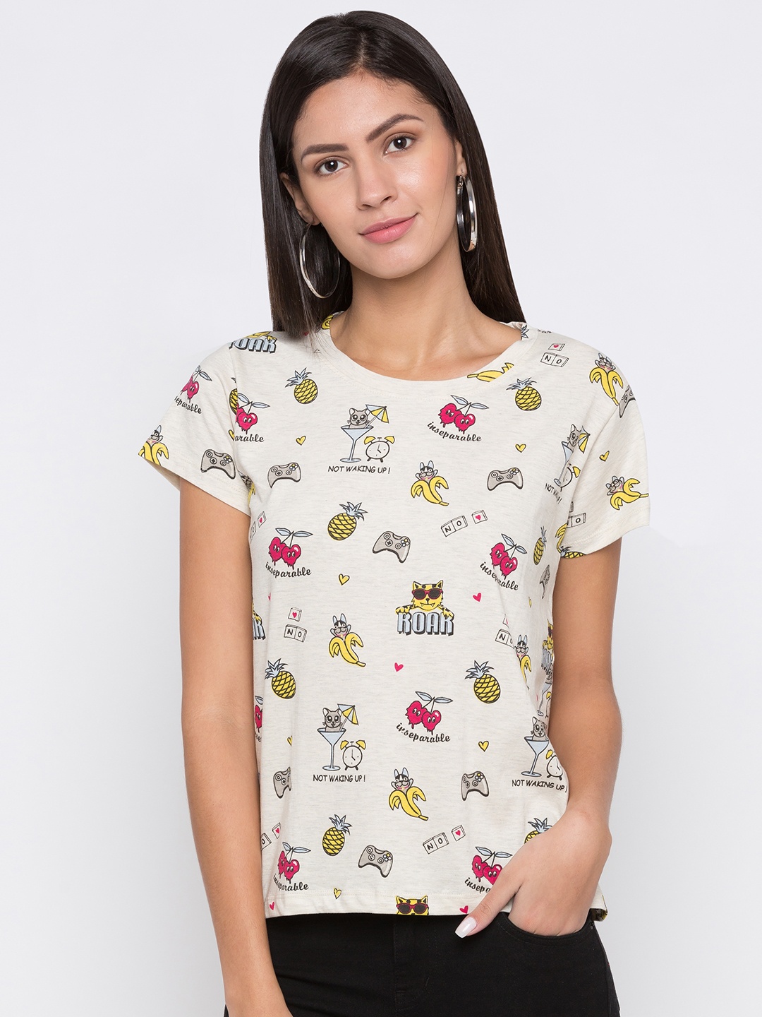 

Globus Women Grey Melange Printed Round Neck T-shirt