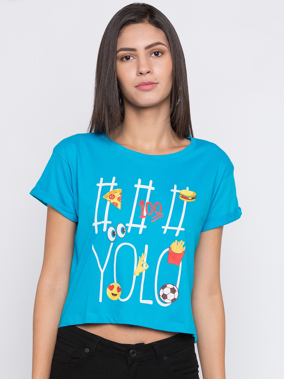 

Globus Women Blue Printed Round Neck Crop Length T-shirt