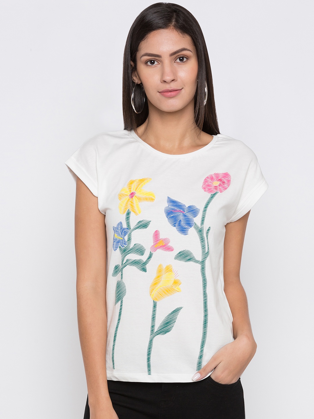 

Globus Women White Printed Round Neck T-shirt