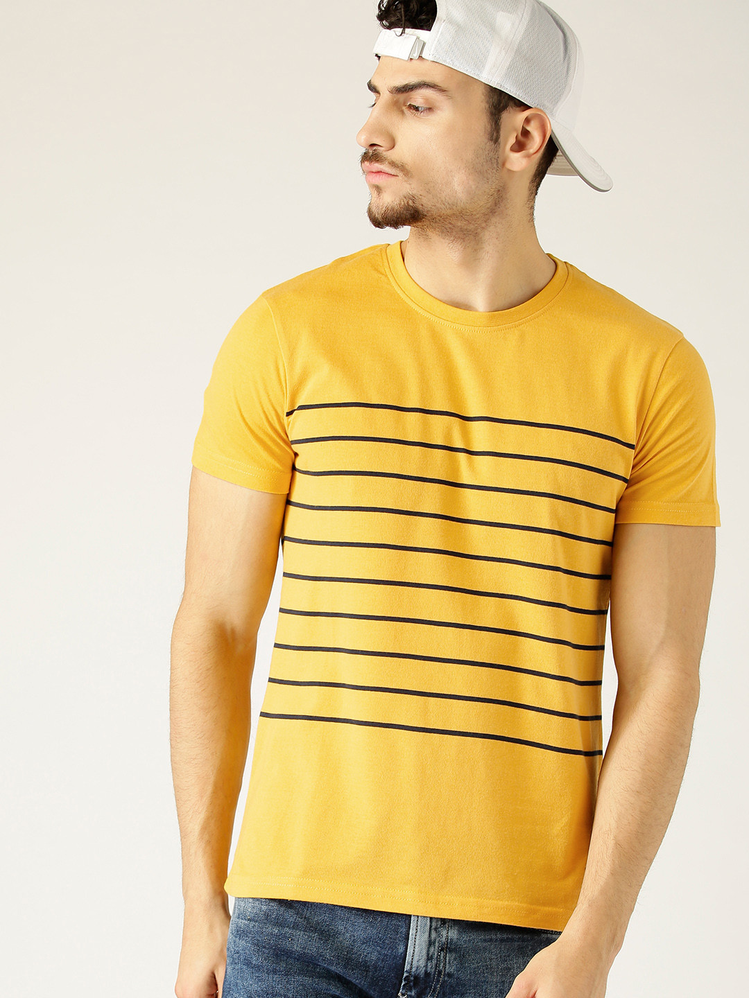 

United Colors of Benetton Men Mustard Yellow Striped Round Neck T-shirt