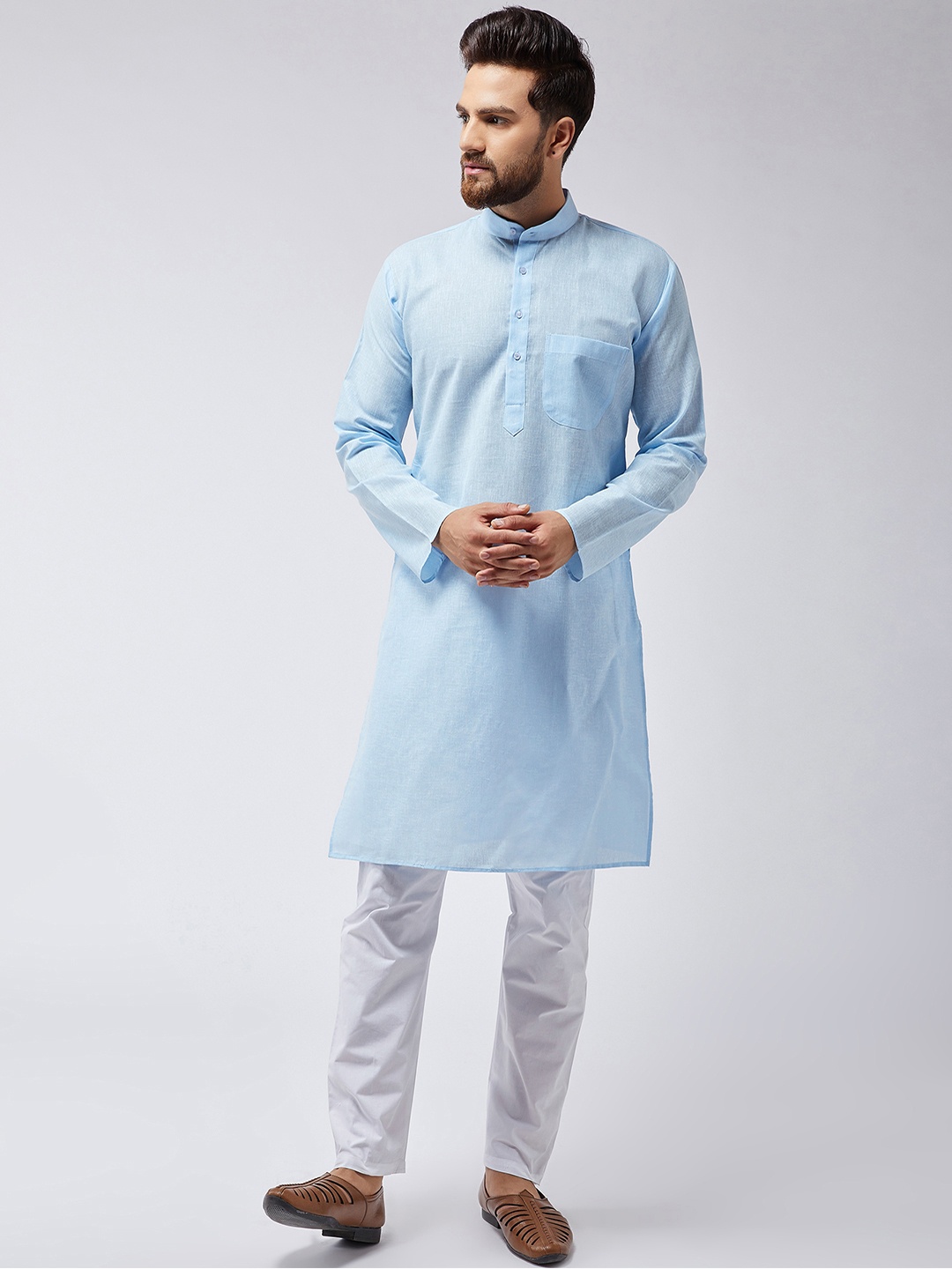 

SOJANYA Men Blue & White Solid Kurta with Pyjamas