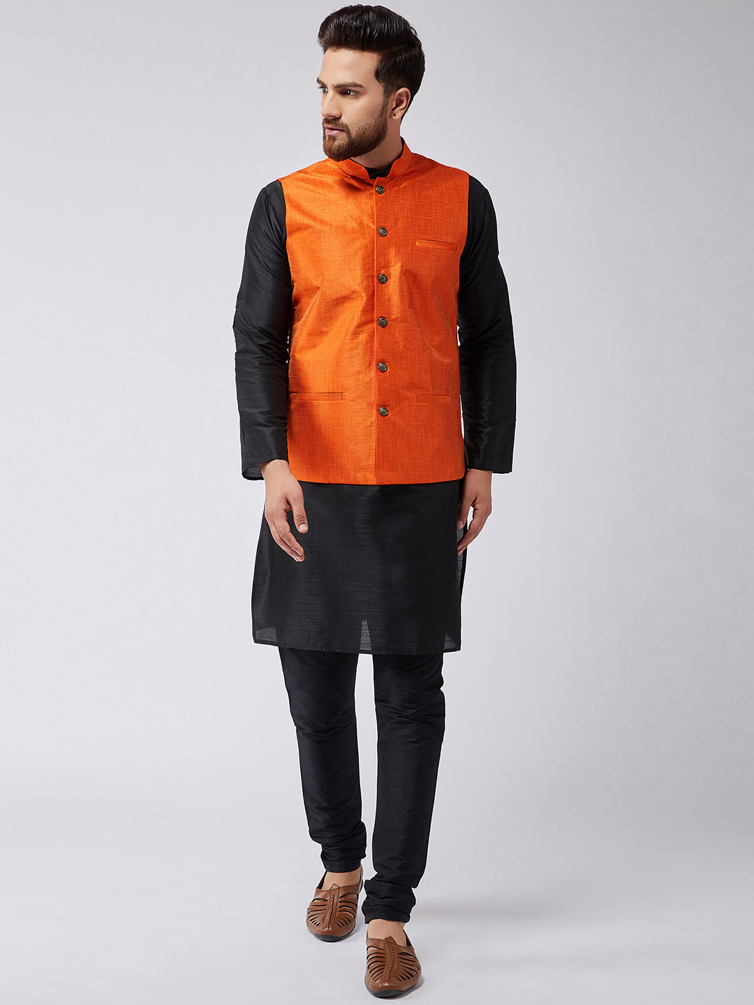 

SOJANYA Men Black & Orange Solid Kurta with Churidar