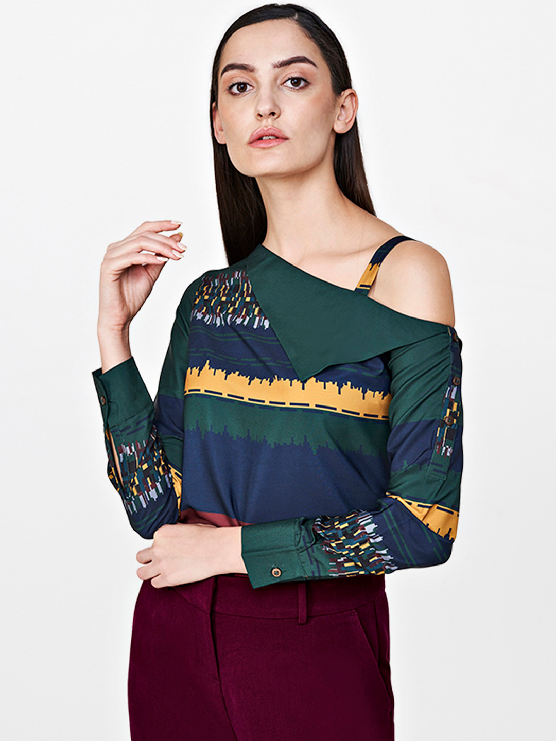 

AND Women Green & Navy Blue Printed Top