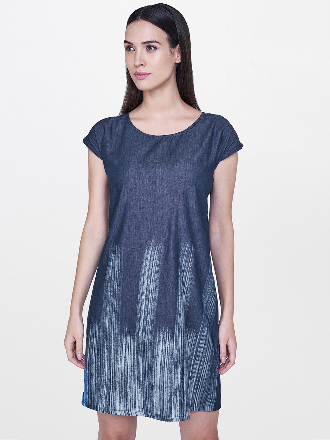 

AND Women Blue Printed A-Line Chambray Dress